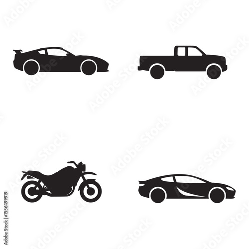 Vector illustration of various vehicle silhouettes including cars motorcycle and a truck displayed against a white background