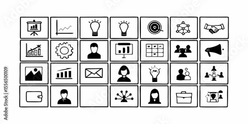 Monochrome Doodle Icon Set of Business Strategy, Marketing, and Analytics Concepts