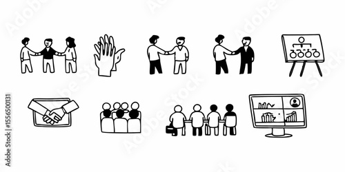 Hand-Drawn Doodle Set of Business Meetings, Teamwork, and Partnership Icons