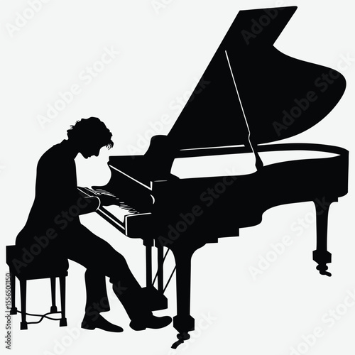 A  pianist playing a grand piano image silhouette design vector art and illustration