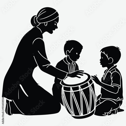  A teacher is teaching some children to play the tabla image silhouette design vector art and illustration