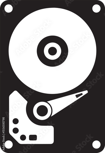 Computer hard drive internal components in a simple black and white silhouette