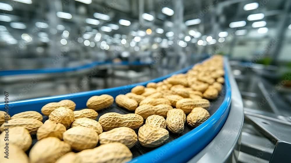 Close-up of raw peanuts rolling smoothly along a stainless steel conveyor belt, their textured shells catching the factory’s bright industrial lighting, evoking fresh harvest and f