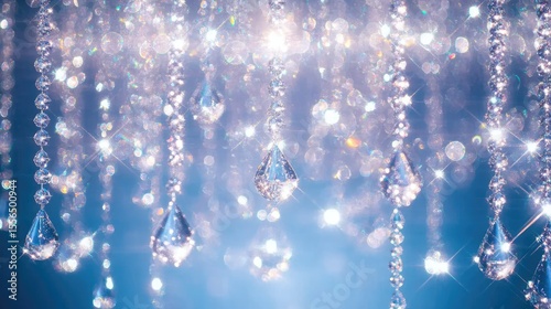 Sparkling crystal chandelier details against a blue background.