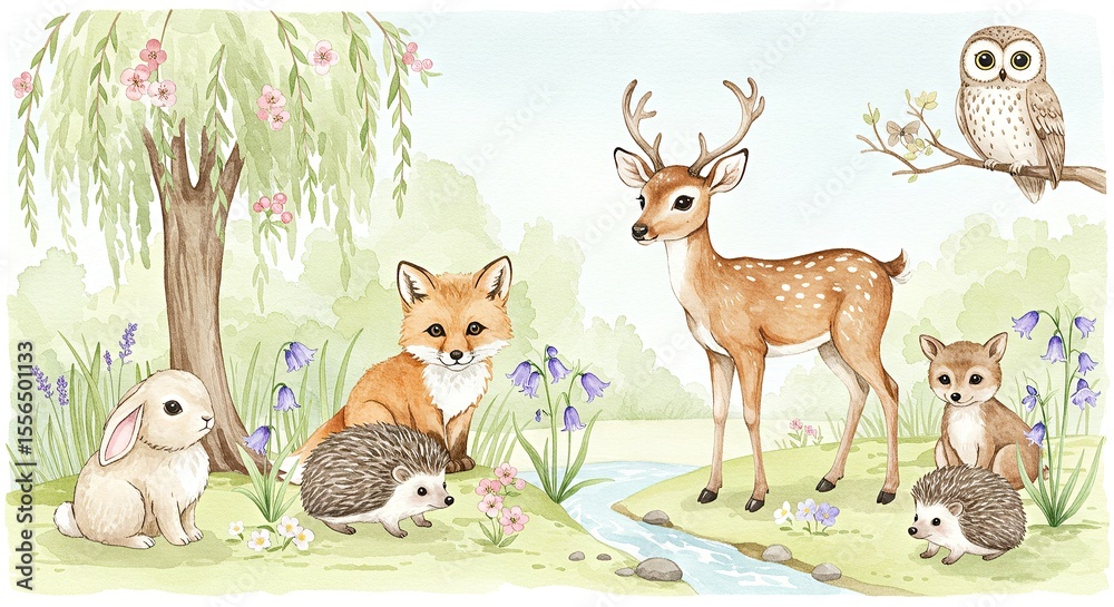 Naklejka premium Cute woodland animals gathered by a stream surrounded by flowers 