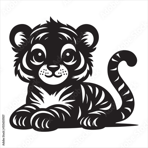 siting  cute tiger Silhouette Vector Art, and Graphic, vector black color silhouette , solated white background 