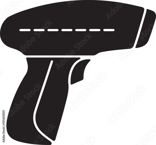 Black silhouette of a handheld barcode scanner with a trigger and dashed line detail