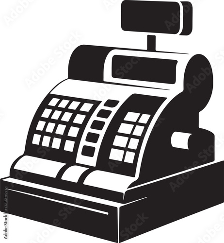 Vintage cash register with keyboard and display screen silhouette