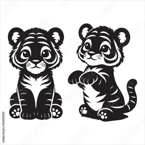 siting  cute tiger Silhouette Vector Art, and Graphic, vector black color silhouette , solated white background 