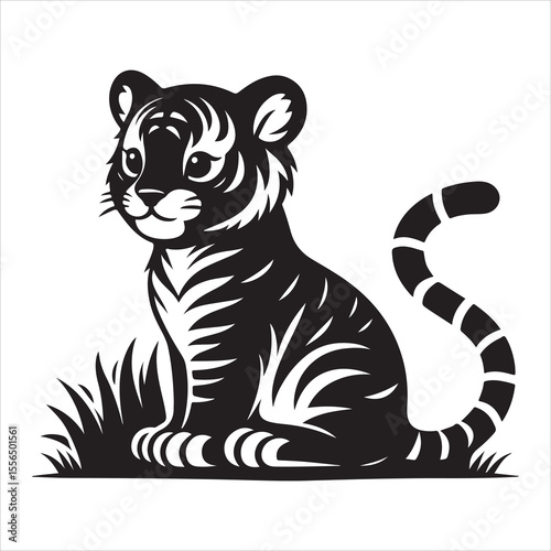 siting  cute tiger Silhouette Vector Art, and Graphic, vector black color silhouette , solated white background 