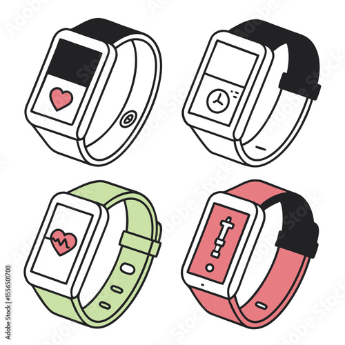 Fitness tracker icon set — heart rate, steps, calories, smartwatch, workout app

