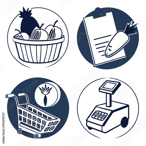 Grocery icon set — fruits, basket, cart, receipt, cashier, scales

