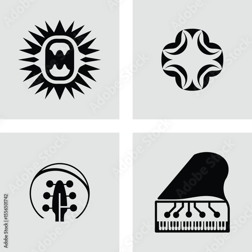 Abstract Symbols and Logos Sun, Cross, Guitar, and Tech Piano Designs