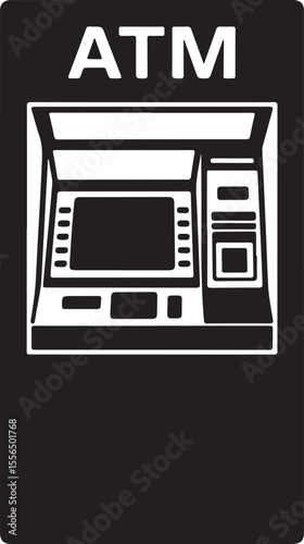Simple black and white silhouette of an atm machine with the word atm