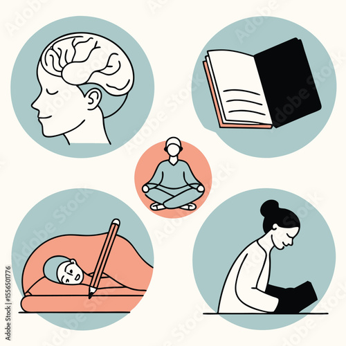 Mental health icon set — brain, meditation, journal, therapist, stress, sleep

