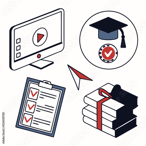 Online learning icon set — video lecture, progress bar, test, certificate, course module


