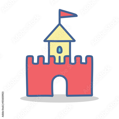 Red Castle Icon with Yellow Tower – Flat Vector