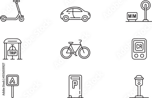 Urban Transportation Icons Commute, Scooters, Bikes, and Cars