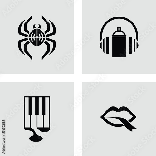 Urban Art Icons Spider, Graffiti, Music, and Lips