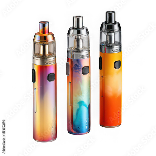 Three colorful vape devices standing side by side against a white background