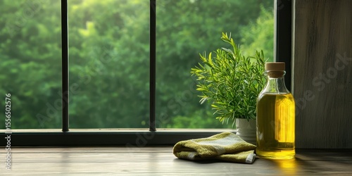 A bottle of olive oil and a small potted herb sit on a wooden windowsill with a soft green natural background outside.