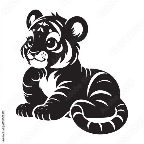 siting  cute tiger Silhouette Vector Art, and Graphic, vector black color silhouette , solated white background 