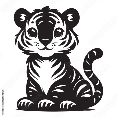 siting  cute tiger Silhouette Vector Art, and Graphic, vector black color silhouette , solated white background 