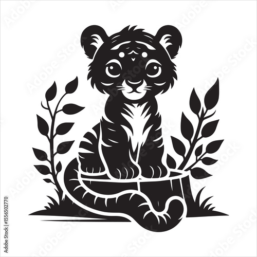 siting  cute tiger Silhouette Vector Art, and Graphic, vector black color silhouette , solated white background 
