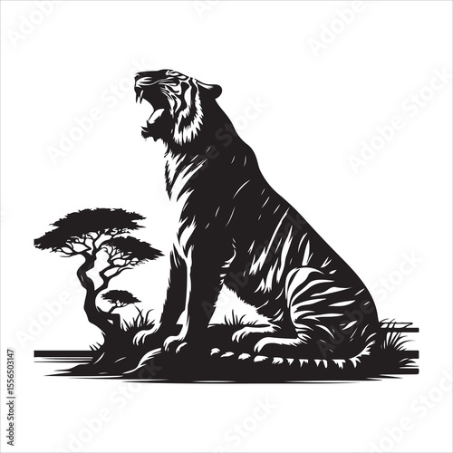 siting  cute tiger Silhouette Vector Art, and Graphic, vector black color silhouette , solated white background 