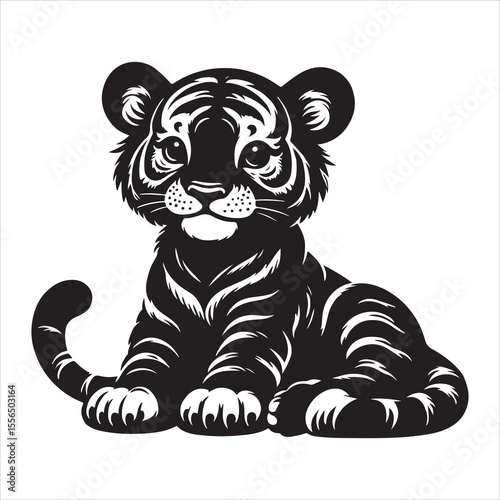 siting  cute tiger Silhouette Vector Art, and Graphic, vector black color silhouette , solated white background 