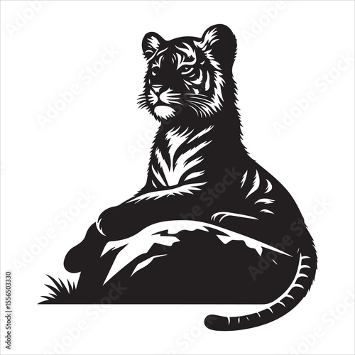 siting  cute tiger Silhouette Vector Art, and Graphic, vector black color silhouette , solated white background 
