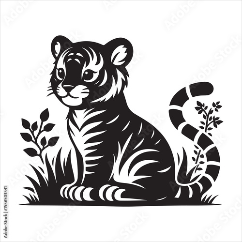 siting  cute tiger Silhouette Vector Art, and Graphic, vector black color silhouette , solated white background 