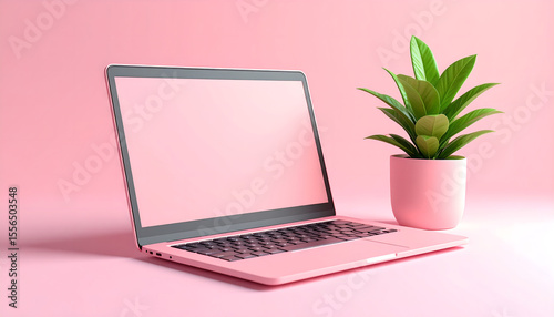 Pink laptop and plant on pink background - workspace aesthetics concept
