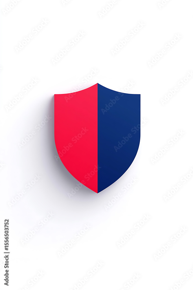 Fototapeta premium Abstract shield design with a split color scheme, divided into red and blue halves, set against a clean white backdrop.