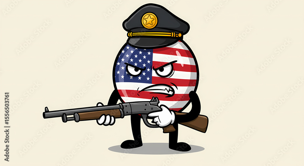 Naklejka premium Animated patriotic figure with American flag design, holding a rifle, showing serious expression.