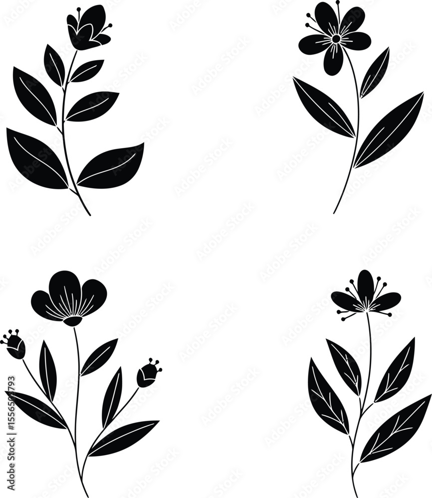 Fototapeta premium Elegant Black and White Floral Illustrations Four Simple Flower Designs