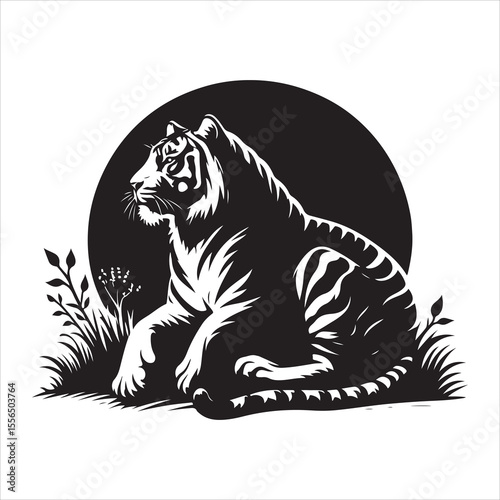 siting  cute tiger Silhouette Vector Art, and Graphic, vector black color silhouette , solated white background 