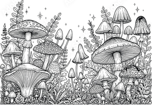 Enchanted Forest A Detailed Line Art Illustration of Mushrooms and Ferns