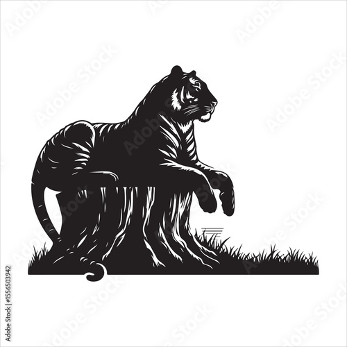 siting  cute tiger Silhouette Vector Art, and Graphic, vector black color silhouette , solated white background 