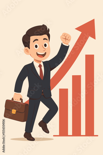 Successful businessman cartoon character with briefcase celebrating career achievement, rising arrow and bar graph symbolizing business growth, financial success, professional development, progress