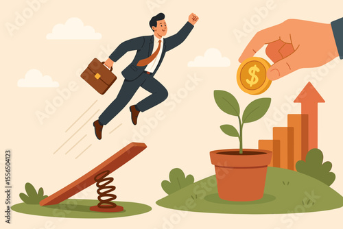 Business Success Career Ladder, Investment Springboard Boosts Startup Growth, Entrepreneur Jumps to Achievement, Financial Support, Opportunity, Modern Flat Vector Illustration