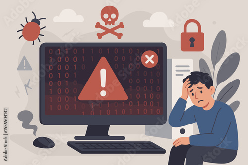 Frustrated Man Experiencing Computer Error, System Failure, Cyber Attack or Server Crash, Technical Problem, Device Malfunction, Stress at Work, Flat Vector Illustration, Office Technology Issue