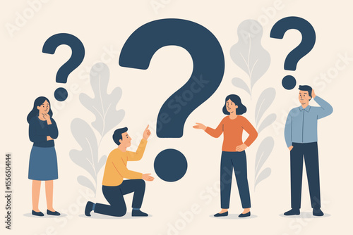 Frequently Asked Questions Concept Illustration. People Discussing Solutions, Question Marks, Teamwork, Problem Solving, Communication, Modern Flat Vector Cartoon, Answer Metaphor, Collaboration