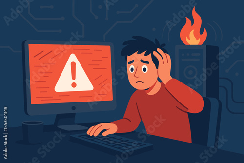 Frustrated man facing computer malfunction, system error, operating system failure, cyber attack, server crash, technical problem, digital disruption, modern flat vector illustration, troubleshooting