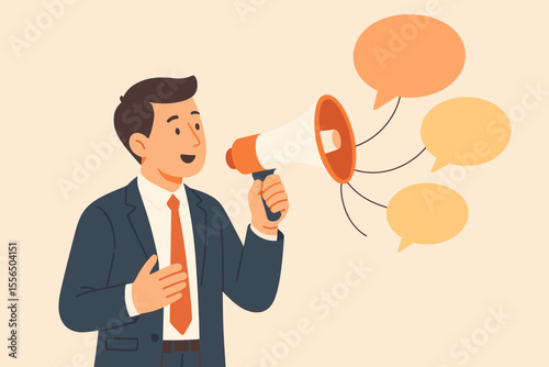 Businessman in Suit Holding Megaphone with Speech Bubbles, Public Relations Manager Announcing Company News, Communication, Media, Marketing, Sales Promotion, Corporate Announcement Concept
