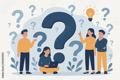 Frequently Asked Questions Concept Illustration. People Surrounded by Question Marks. Brainstorming, Problem Solving, Seeking Answers, Idea Generation, Curiosity, Modern Flat Vector Cartoon