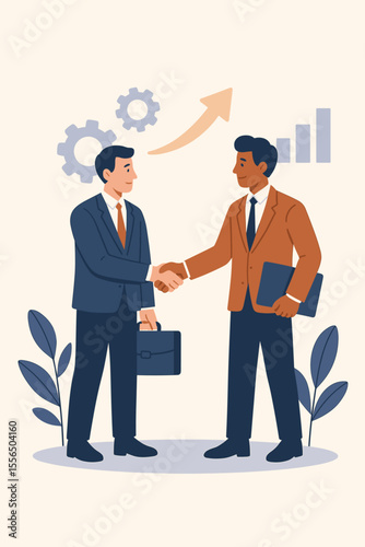 Business partnership handshake, teamwork collaboration, successful agreement negotiation, corporate deal, growth strategy, businessmen in suits, modern flat vector illustration, office cooperation