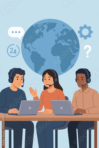 Global customer service team, call center operators with headsets at laptops, 24/7 online technical support, international hotline, consulting, communication, teamwork, flat vector illustration