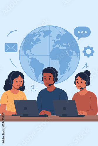Global customer service hotline operators consulting clients with headsets at computers, 24 hour online technical support, call center teamwork, communication, call processing system, flat design