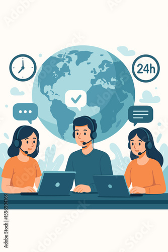 Global customer service support team working 24 hours. Call center hotline operators with headsets and laptops. Online technical assistance, communication, consulting, call processing system concept